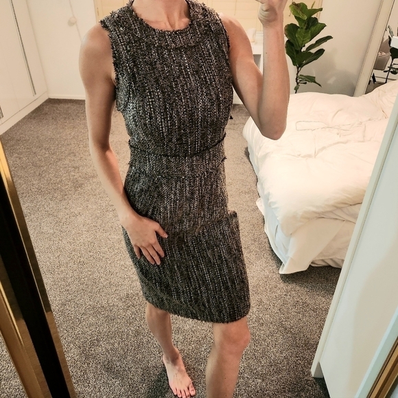 Michael Kors Dresses & Skirts - NWOT MICHAEL KORS Brown Dress Plaid Knit Boucle Shift Crew Sleeveless Knee Lengt